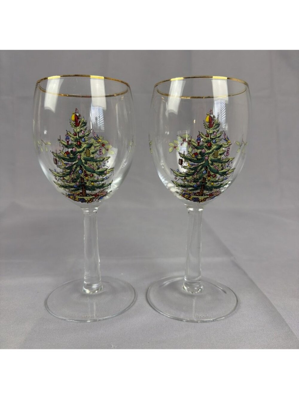 Set of 2 Spode Christmas Tree Wine Stemware Glasses Gold Rims 13 oz.